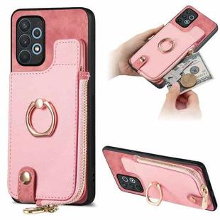 For Samsung Galaxy A52 5G Cross Leather Ring Vertical Zipper Wallet Back Phone Case(Pink)