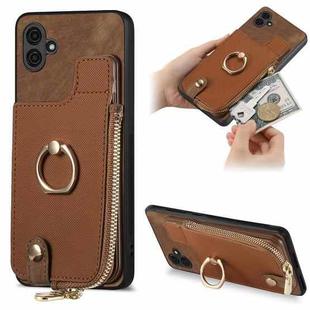 For Samsung Galaxy A04 4G Cross Leather Ring Vertical Zipper Wallet Back Phone Case(Brown)