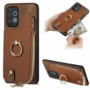 For Samsung Galaxy A72 4G/5G Cross Leather Ring Vertical Zipper Wallet Back Phone Case(Brown)