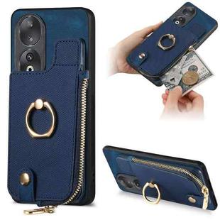 For Honor 90 Cross Leather Ring Vertical Zipper Wallet Back Phone Case(Blue)