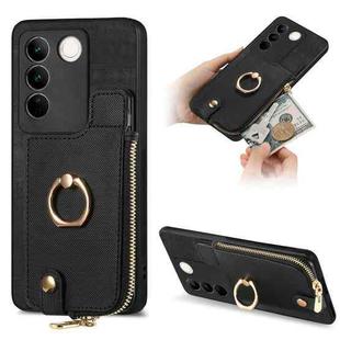 For vivo S16 Cross Leather Ring Vertical Zipper Wallet Back Phone Case(Black)