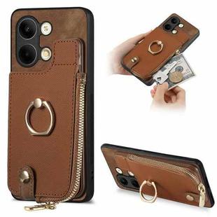 For OPPO Reno9 Cross Leather Ring Vertical Zipper Wallet Back Phone Case(Brown)