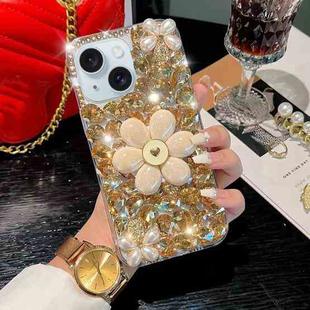 For iPhone 15 Sunflower Holder Hand-set Diamond PC Phone Case(Gold)