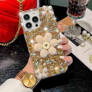 For iPhone 14 Pro Max Sunflower Holder Hand-set Diamond PC Phone Case(Gold)