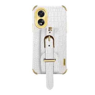 For OPPO A38 Electroplated Wrist Strap Crocodile Leather Back Phone Case(White)