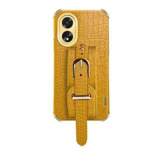 For OPPO A38 Electroplated Wrist Strap Crocodile Leather Back Phone Case(Yelllow)