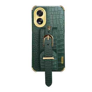 For OPPO A38 Electroplated Wrist Strap Crocodile Leather Back Phone Case(Green)