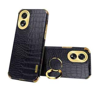 For OPPO A38 6D Electroplating Crocodile Texture Leather Back Phone Case with Holder(Black)