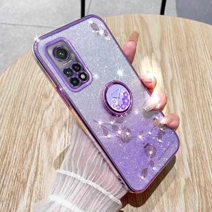 For Xiaomi Mi 10T Pro Gradient Glitter Immortal Flower Ring All-inclusive Phone Case(Purple)