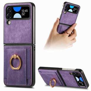 For Samsung Galaxy Z Flip4 Retro Skin-feel Ring Multi-card Wallet Phone Case(Purple)