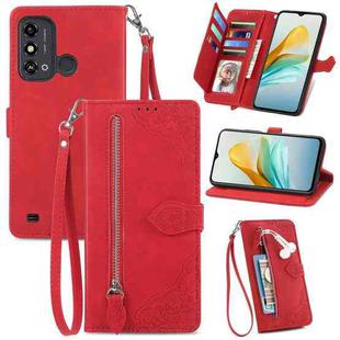 For ZTE Blade A53 Embossed Flower Zipper Leather Phone Case(Red)