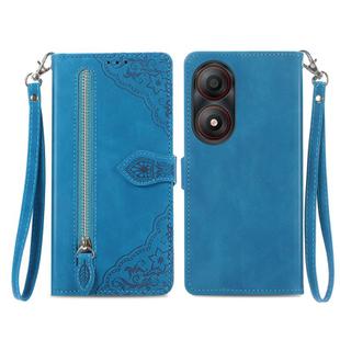 For ZTE Blade A34 Embossed Flower Zipper Leather Phone Case(Blue)