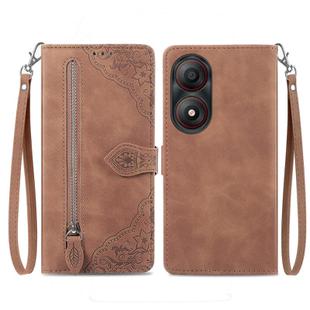 For ZTE Blade A34 Embossed Flower Zipper Leather Phone Case(Brown)