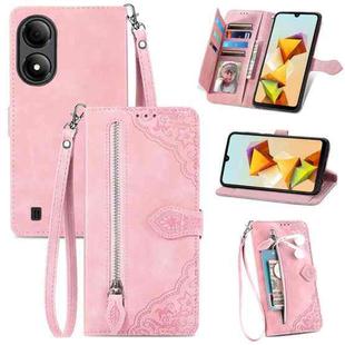 For ZTE Blade A33S Embossed Flower Zipper Leather Phone Case(Pink)