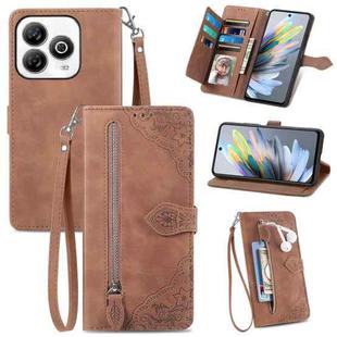 For ZTE Blade A75 4G Embossed Flower Zipper Leather Phone Case(Brown)