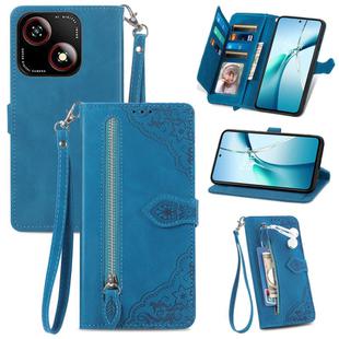 For ZTE Blade A35e 4G Embossed Flower Zipper Leather Phone Case(Blue)