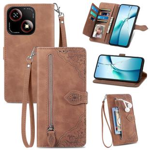 For ZTE Blade A35e 4G Embossed Flower Zipper Leather Phone Case(Brown)