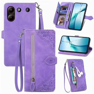 For ZTE Blade A54 Embossed Flower Zipper Leather Phone Case(Purple)