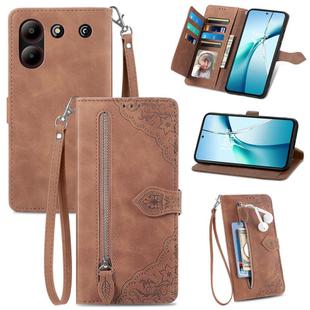 For ZTE Blade A54 Embossed Flower Zipper Leather Phone Case(Brown)