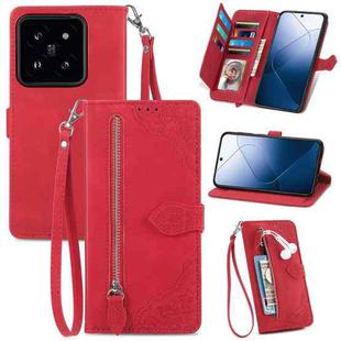 For Xiaomi 14 Embossed Flower Zipper Leather Phone Case(Red)