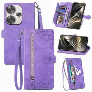 For Xiaomi Redmi Turbo 3 5G Embossed Flower Zipper Leather Phone Case(Purple)