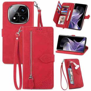For Xiaomi Redmi Note 14 Pro+ 5G Embossed Flower Zipper Leather Phone Case(Red)
