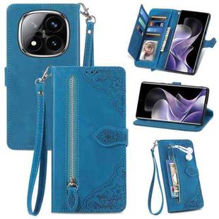 For Xiaomi Redmi Note 14 Pro+ 5G Embossed Flower Zipper Leather Phone Case(Blue)