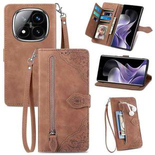 For Xiaomi Redmi Note 14 Pro+ 5G Embossed Flower Zipper Leather Phone Case(Brown)