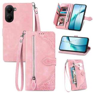 FOr Redmi Turbo 4 Embossed Flower Zipper Leather Phone Case(Pink)