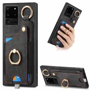 For Samsung Galaxy S20 Ultra Retro Skin-feel Ring Card Bag Phone Case with Hang Loop(Black)