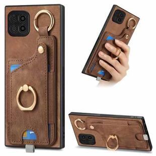 For Samsung Galaxy A22 5G Retro Skin-feel Ring Card Bag Phone Case with Hang Loop(Brown)