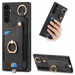 For Samsung Galaxy A05s Retro Skin-feel Ring Card Bag Phone Case with Hang Loop(Black)