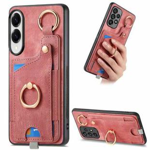 For Samsung Galaxy S25 Edge 5G Retro Skin-feel Ring Card Bag Phone Case with Hang Loop(Pink)