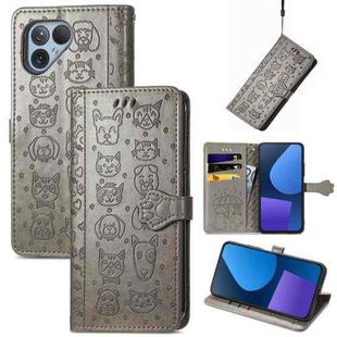 For Fairphone 5 Cat and Dog Embossed Leather Phone Case(Grey)
