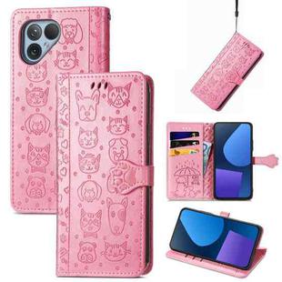 For Fairphone 5 Cat and Dog Embossed Leather Phone Case(Pink)