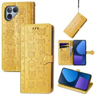 For Fairphone 5 Cat and Dog Embossed Leather Phone Case(Yellow)