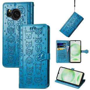 For Sharp Aquos Sense8 Cat and Dog Embossed Leather Phone Case(Blue)