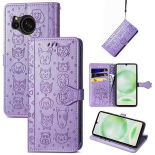 For Sharp Aquos Sense8 Cat and Dog Embossed Leather Phone Case(Purple)