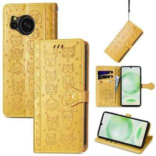 For Sharp Aquos Sense8 Cat and Dog Embossed Leather Phone Case(Yellow)