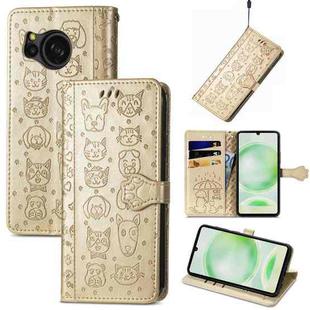 For Sharp Aquos Sense8 Cat and Dog Embossed Leather Phone Case(Gold)