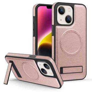 For iPhone 14 Plus Multi-function Holder MagSafe PU Phone Case(Rose Gold)