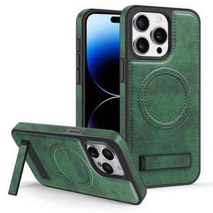 For iPhone 14 Pro Max Multi-function Holder MagSafe PU Phone Case(Dark Green)