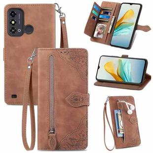 For ZTE Blade A53 Embossed Flower Zipper Leather Phone Case(Brown)