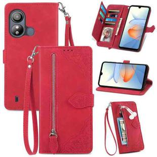 For ZTE Blade L220 Embossed Flower Zipper Leather Phone Case(Red)