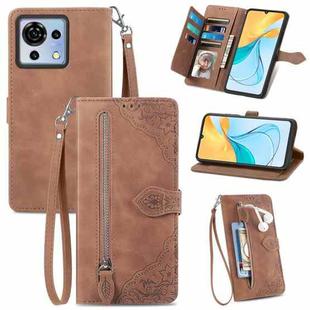 For ZTE Blade V50 Vita Embossed Flower Zipper Leather Phone Case(Brown)