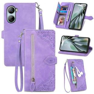 For ZTE Libero 5G IV Embossed Flower Zipper Leather Phone Case(Purple)