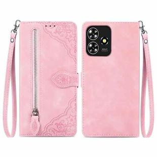 For ZTE Blade A73 4G Embossed Flower Zipper Leather Phone Case(Pink)
