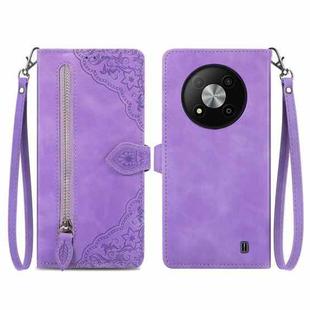 For ZTE Blade A73 5G Embossed Flower Zipper Leather Phone Case(Purple)
