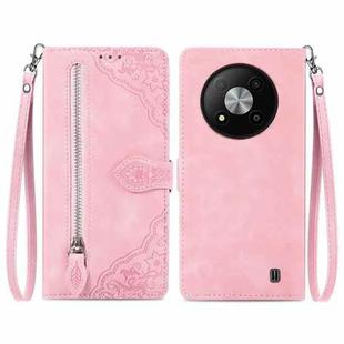 For ZTE Blade A73 5G Embossed Flower Zipper Leather Phone Case(Pink)