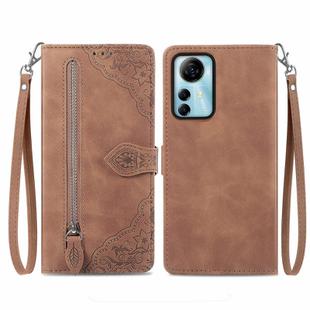 For ZTE Blade V41 Smart Embossed Flower Zipper Leather Phone Case(Brown)